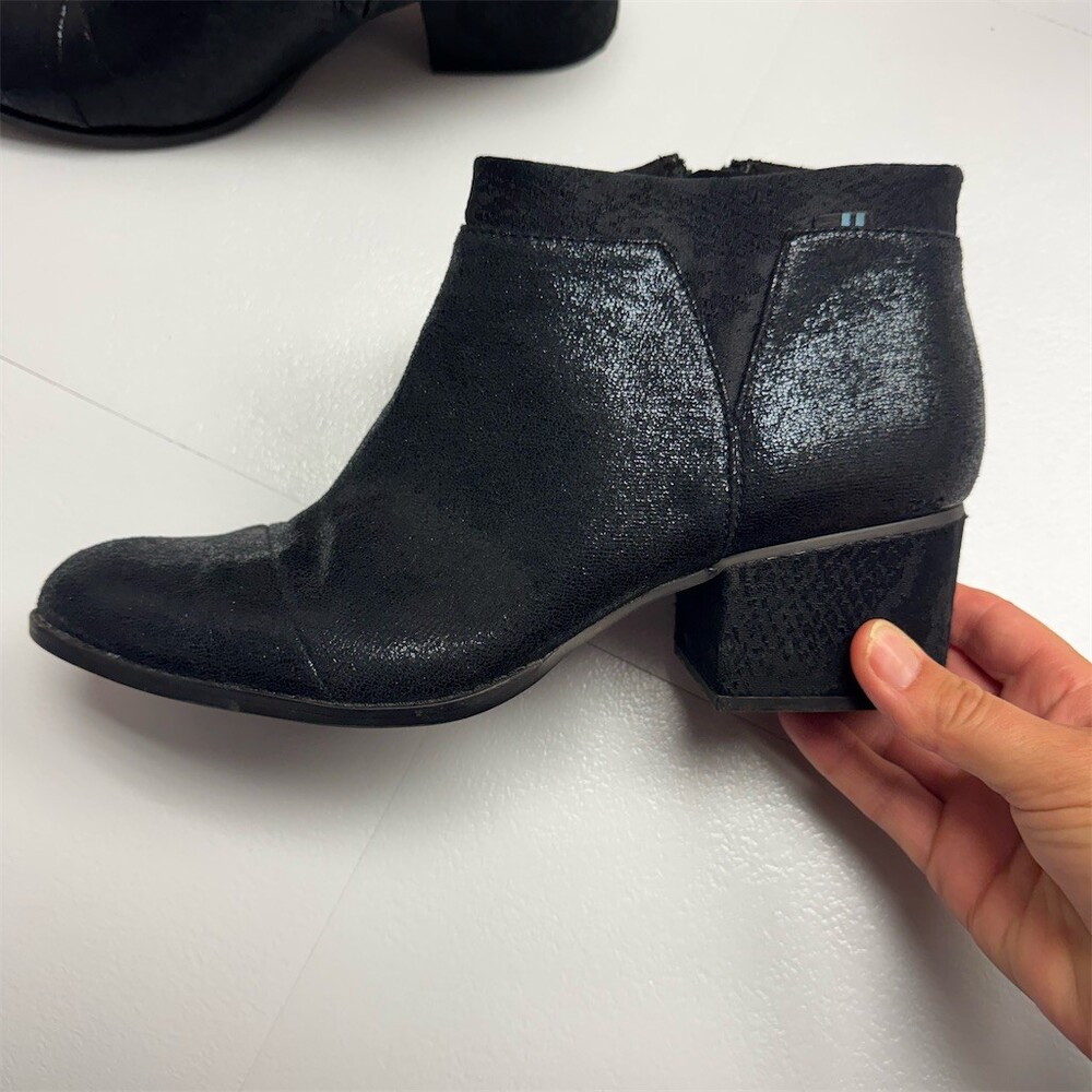 TOMS Loren Womens Ankle Booties Black Shimmer Side Zip Block Heel 10